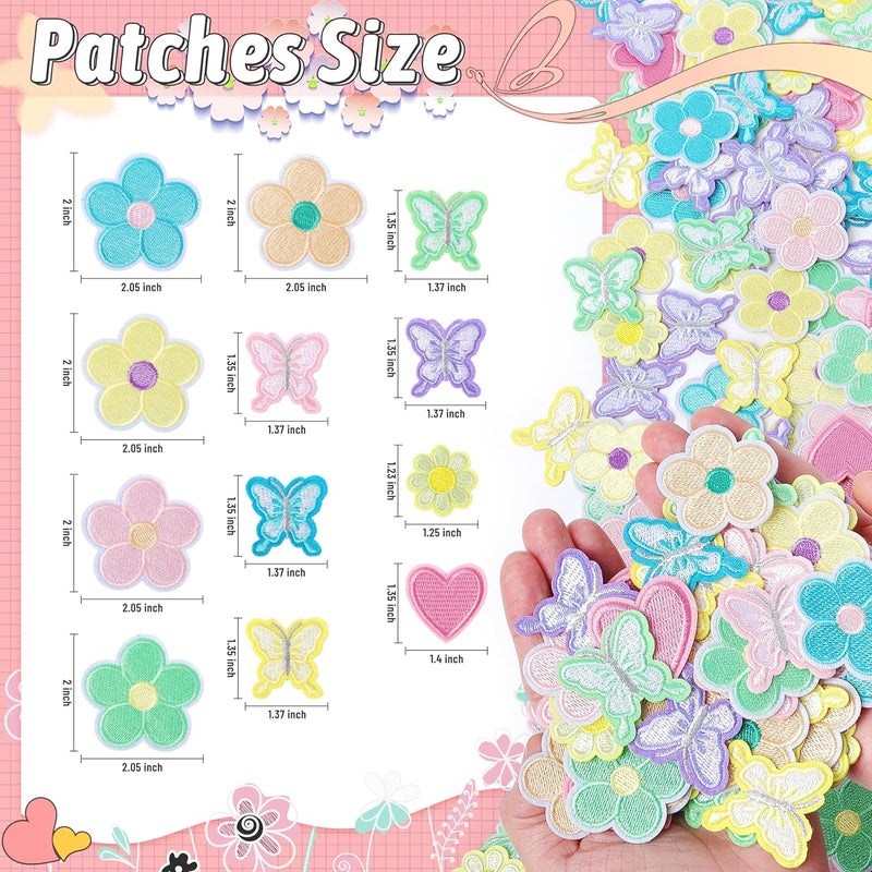 NICEVINYL Iron on Embroidery Patches Flower for Clothing: 100PCS Pastel Butterfly Heart Embroidered Patches - Cute Sew on Small Applique Patches for Fabric Jackets Jeans - Image 3